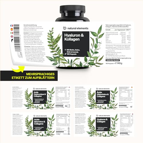 natural elements Hyaluronsäure Kollagen Komplex - 180 Kapseln - Angereichert mit Biotin, Selen, Zink, Vitamin C aus Acerola & Bambusextrakt - Laborgeprüft