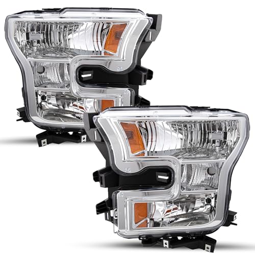SOCKIR Halogen Headlight Assembly Compatible with 2015 2016 2017 Ford F-150 OE Factory Style Headlamp Chrome Housing & Amber Reflector Driver & Passenger Side