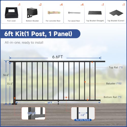 Image of Complete 36 in. H x 6 ft W 6063 Aluminum Deck Railing Extension Kit | 1 Panel, 1 Post, Add‑On Kit for Complete Level Railing System,Corner Decking, Length Cuttable Easy DIY, Modular