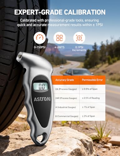 Image of AstroAI Digital Tire Pressure Gauge 0-150PSI, Accurate in 0.1 Increments, Tire Gauge with Backlit LCD and Presta Valve Adaptor, 4 Units of Measurement for Car Truck Bicycle, Silver 1Pack