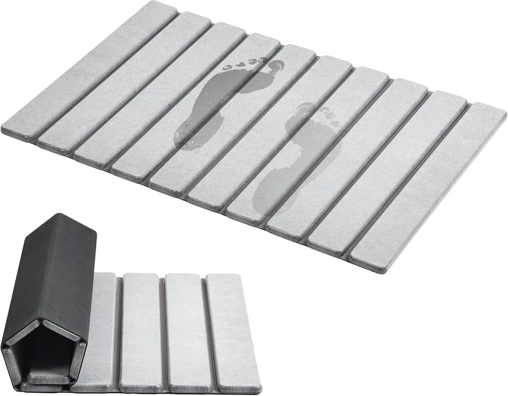 AWW Foldable Stone Bath Mat, Super Absorbent Diatomaceous Earth Mats, Non-Slip 23.6 x 15.5 Inch Quick Drying Mat, Compact and Easy to Store Bath Mats for Bathroom, Easy to Clean, Light Grey
