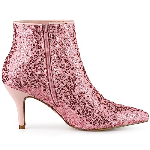 Allegra K Allegra K Women's Glitter Sparkle Lace Stiletto Heels Party Sequin Pink Ankle Boots 8 M US