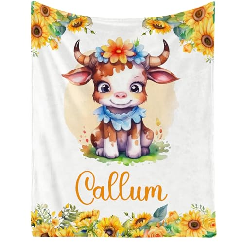 Image of Personalized Cow Baby Blankets for Boys, Custom Cow Gifts, Soft Lightweight Flannel Animal Sunflower Themed Print Throw Blankets for Bed, Sofa,Chair,50 inchx60 inch for Teens