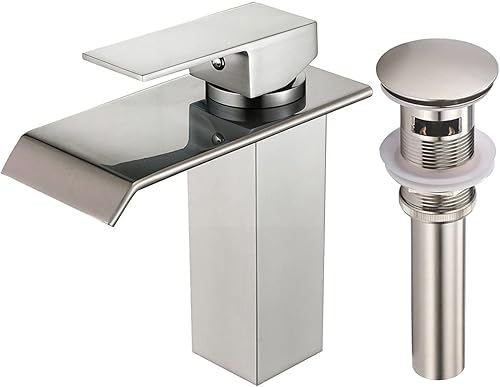 Yodel - Grifo para lavabo de baño con un solo mango de níquel cepillado con desagüe desplegable