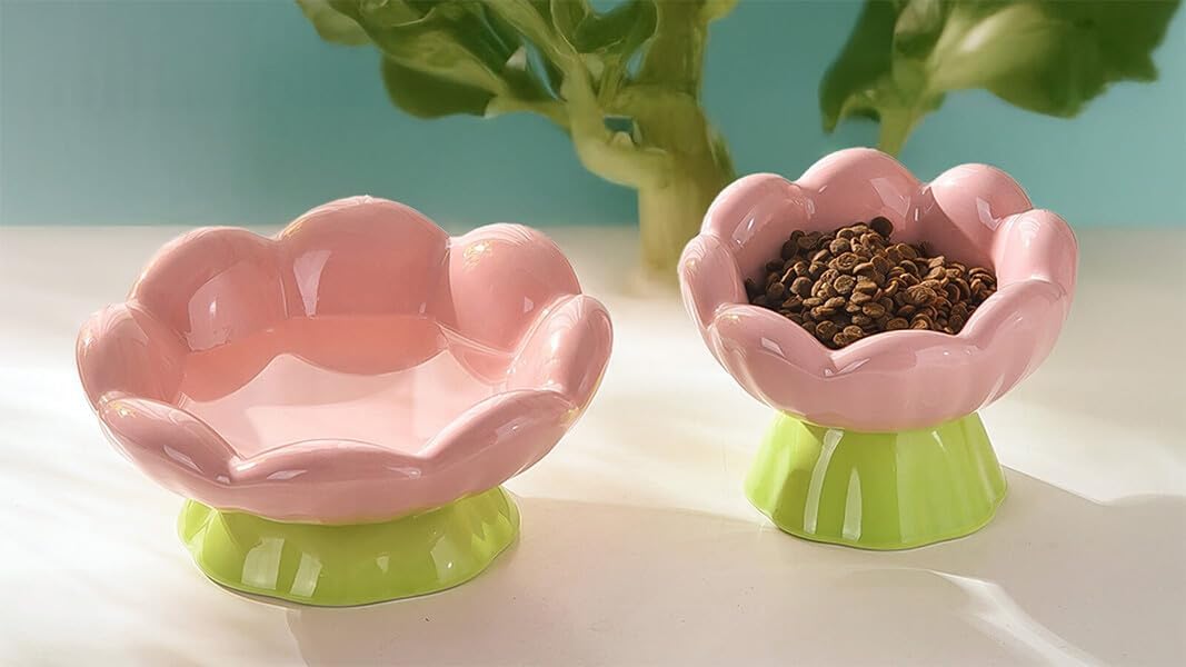 Ceramic Raised Cat Bowls Elevated, Shallow & Tilted Flower Cute Cat Food and Water Bowls, Anti-Vomiting, Non-Slip, Ideal for Indoor Cats, Pink, Set of 2