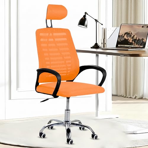 Image of Casa Copenhagen,Mesh Office Desk,Rocking, Ergonomic Computer Chair Adjustable High with Headrest and Comfortable Armrest Swivel Chair -Orange & Black Handle