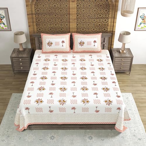 Image of BLOCKS OF INDIA Hand Block Printed 300 TC Cotton Super King Size Bedsheet(106 x 106) (Tree Orange)