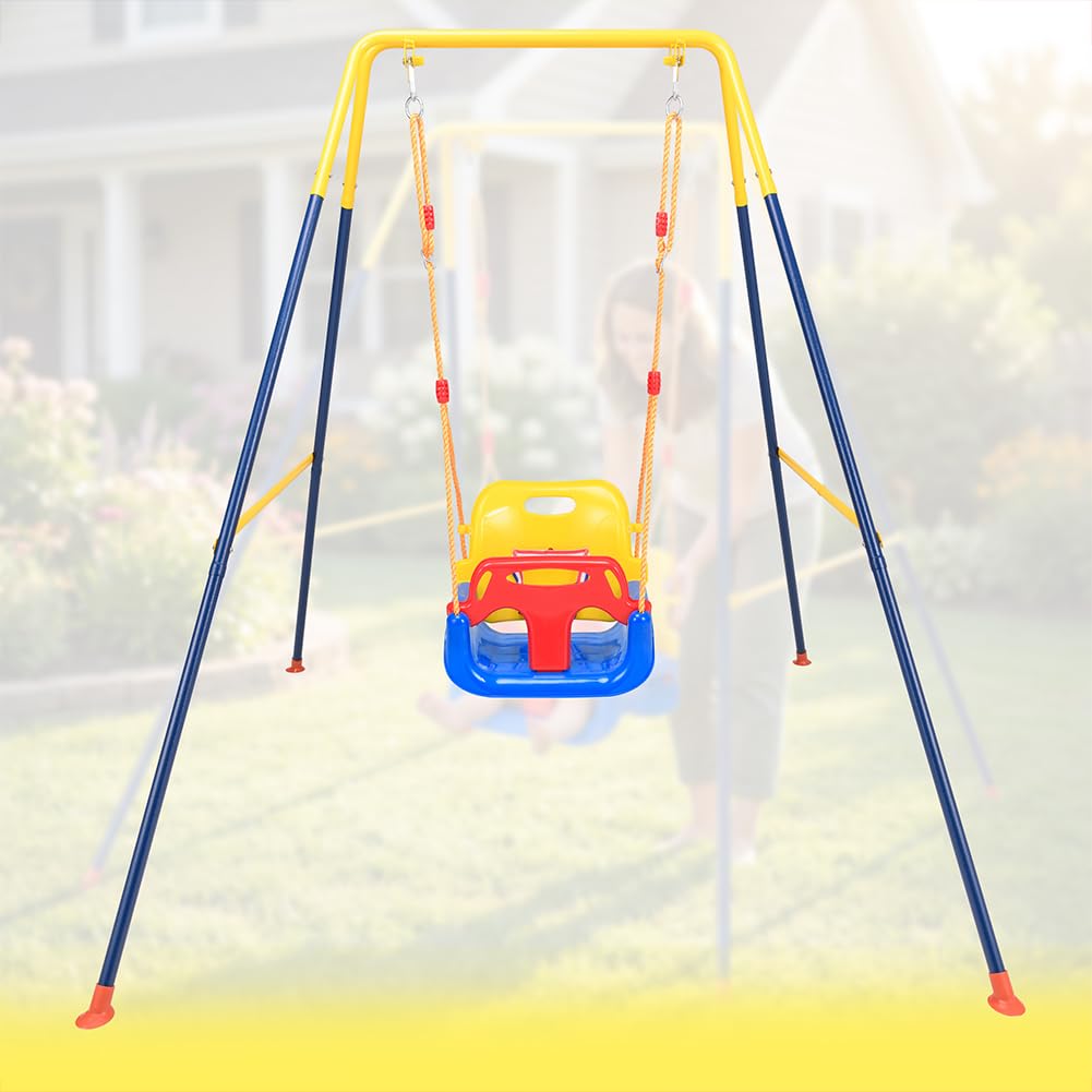 BAKAJI Altalena 3 in 1 per Bambini da Giardino, Resistente con Struttura in Acciaio e 4 Sacchi di Sabbia per Fissaggio Al Terreno, Sediolino con Cinture di Sicurezza e Schienale, Indoor/Outdoor