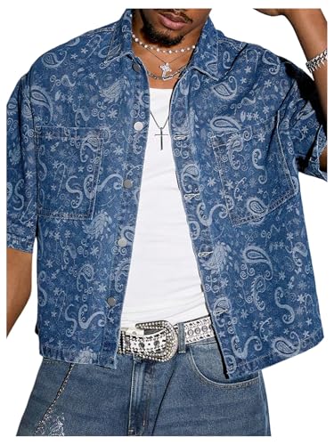 Men's Paisley Denim Jackets Button Down Short Sleeve Chest Pocket Baggy Jean Shirts2