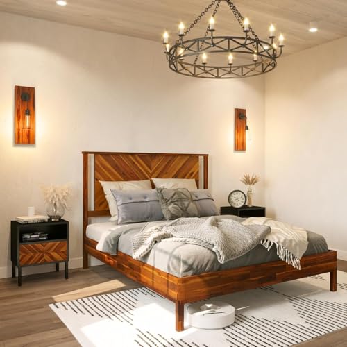Image of Bme Vivian 14 Inch Deluxe Bed Frame with Headboard, Rustic & Scandinavian Style with Solid Acacia Wood, No Box Spring Needed, 12 Strong Wood Slat Support, Easy Assembly, Queen, Rustic Golden Brown