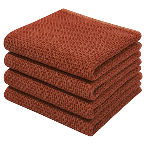 Homaxy 100% Cotton Waffle Weave Kitchen Dish Towels, Ultra Soft Absorbent Quick Drying Cleaning Towel, 13 x 28 Inches, 4-Pack, Rust