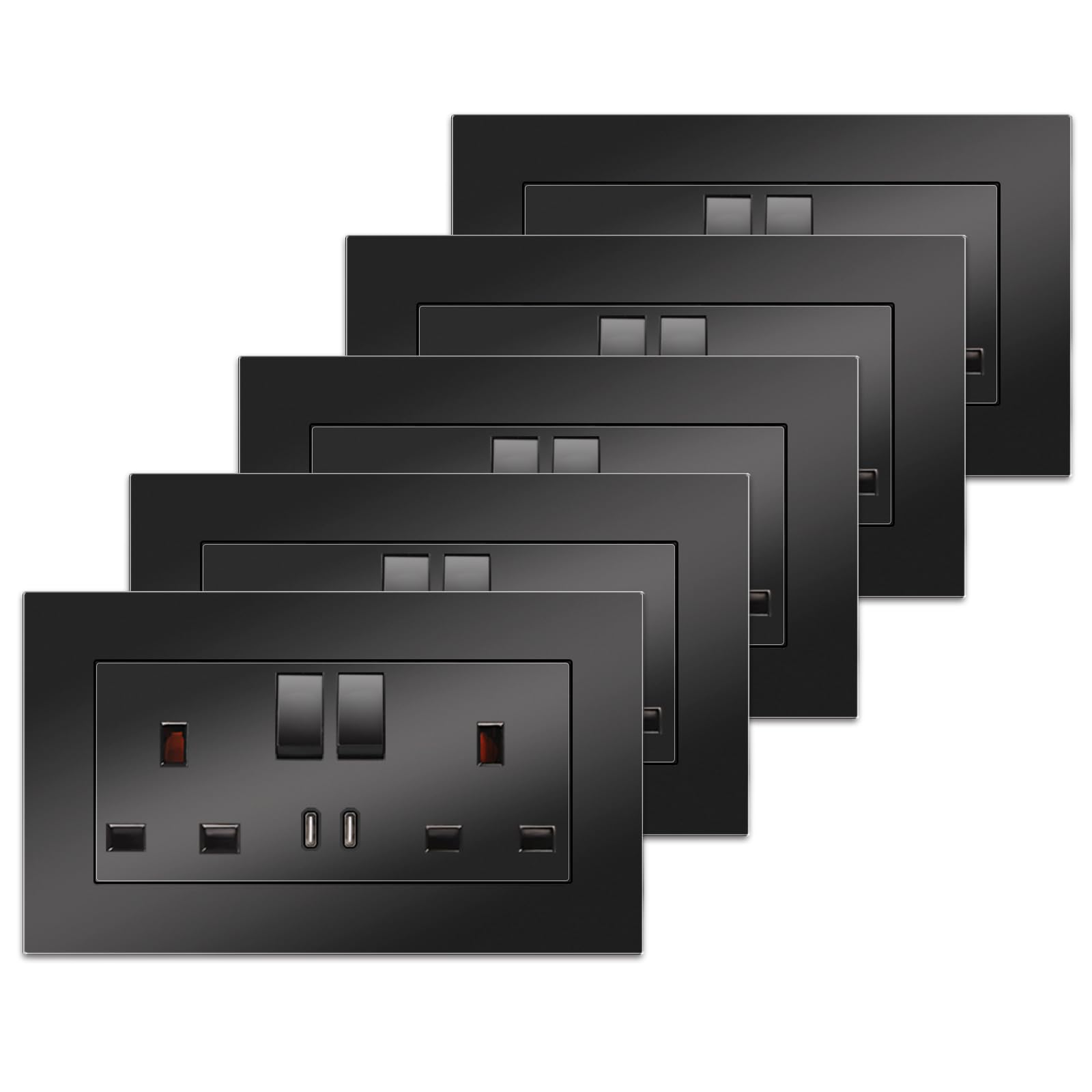 5 Pack CNBINGO Double Switched Power Socket with Dual USB Charging Ports Type C, Black 13 Amp Electrical Wall Socket โ image 1