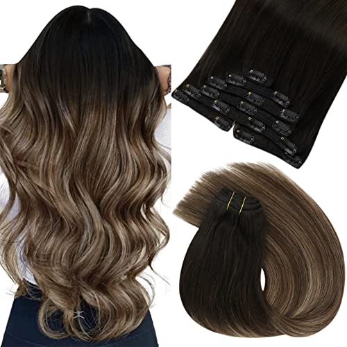 VeSunny 24inch Black Ombre Hair Extensions Clip in Human Hair Long Straight Double Weft Clip in Extensions Natural Black Balayage Dark Brown Mix Ash Brown Clip in Hair Extensions 120g 7PCS