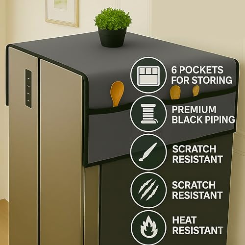 Image of Refrigerator Cover Double Door Waterproof, Dustproof, Refrigerator Top Cover, Protective Covers for Fridges with Extra Storage Space Nylon Top Fridge cover with 6 Storage Pockets ( Grey, 170 x 65 cm )