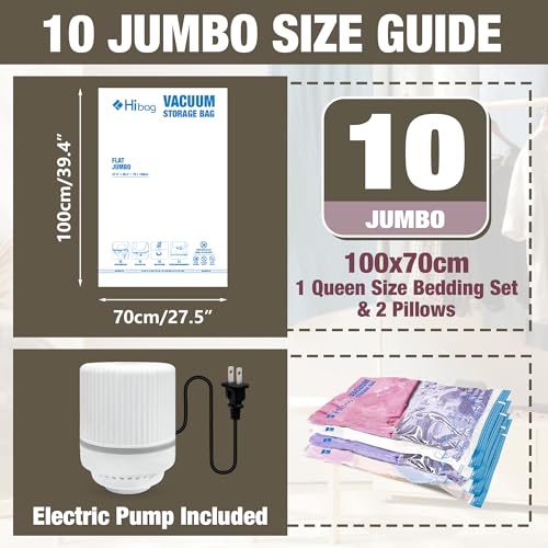 Image of HIBAG Vacuum Storage Bags with Electric Pump, Vacuum Seal Bags for Clothing, Pillows, Blanket Bedding Comforters, 10 pack Jumbo