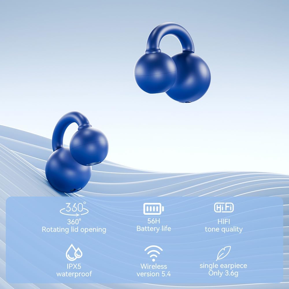Open Ear Earbuds, Bluetooth 5.4 Clip On Headphones,with Mic, 56H Playtime, IPX5 Waterproof, Clip-On Fit, Clear Audio, for Small Ears, Workout Sports Running(Dark Blue) - Image 5