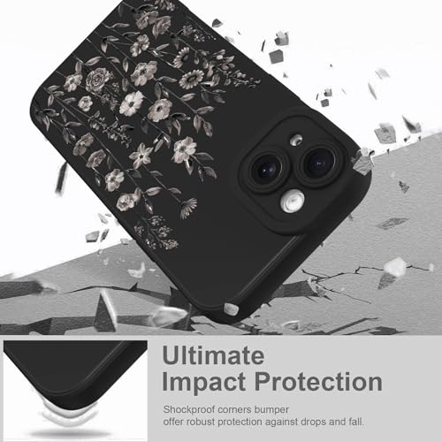Image of Designed for iPhone 15 Case Flower for Women Girls, Black | Cute Floral Pattern Liquid Silicone Phone Case [Full Camera Protection] Slim Soft TPU Protective Cover