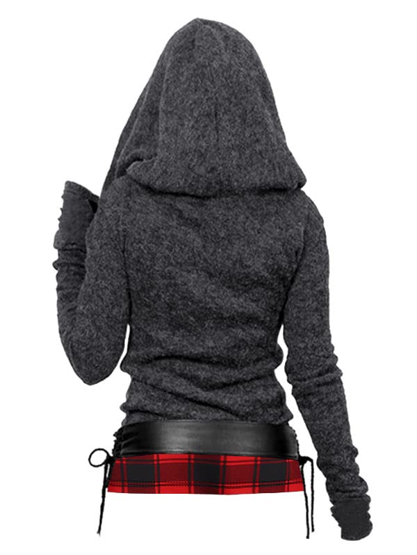 Image of DRESSFO 2024 Women's Knit Hooded Color Block Plaid Shirt Sweatshirt Pullover Sweatshirt Top With Lace-up Belt