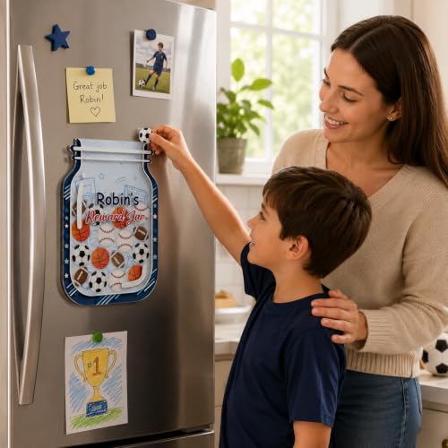 Image of Personalized Sports Magnetic Reward Jar for Kids, Potty Training Toddlers | Wooden Positive Behavior Tool with Acrylic Sports Tokens, Classroom Reward Jar, Back to School Gifts, Class & Home Decor