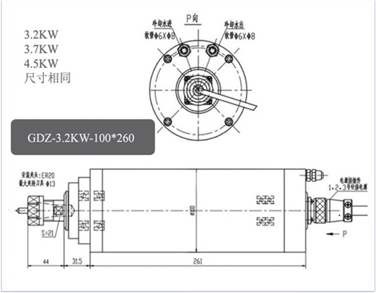 3KW 3.2KW water-cooled spindle motor ER20 220V 380V diameter 100MM 105MM GDZ-100-3 GDZ-100-3.2 GDZ-105-3(3.2KW 380V 100mm)