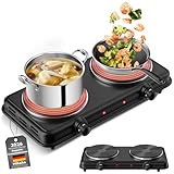 Doppel Kochplatte für Küche, 2000W elektrische Kochplatte mit 2 Kochfeldern, Temperaturregelung, tragbarer Kocher und leicht zu reinigender Edelstahlfuß (Schwarz M)