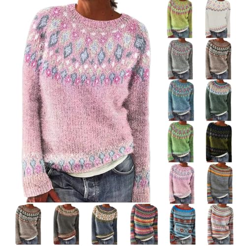 Women's Boho Knitted Fair Isle Print Retro Sweater Casual Loose Crewneck Long Sleeve Lightweight Cropped Pullover Tops
