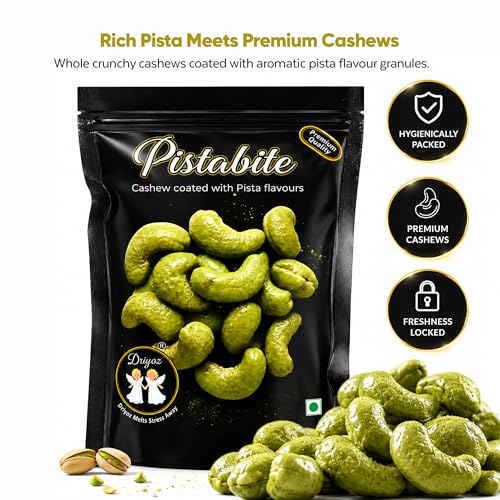 Image of DRIYOZ Pistabite Pista Flavoured Cashews 250g | Premium Crunchy Kaju Coated with Rich Pistachio Flavour Granules | Gourmet Sweet Nut Snack for Gifting, Parties & Daily Snacking