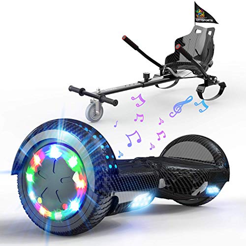 Hoverboard mit Sitz, Hoverkart komplett für Kinder, Elektro Scooter Go-Kart mit Bluetooth und LED-Lichtern, Elektro Skateboard mit Set,