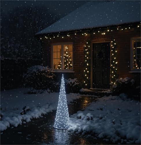 Xmas Haus 91CM Festive Christmas Cone-Shaped LED Light Tower 250L White Micro LEDs, Shiny Silver Metal with PVC Strip, 5M Cable & IP20 Transformer Outdoor Holiday Decoration