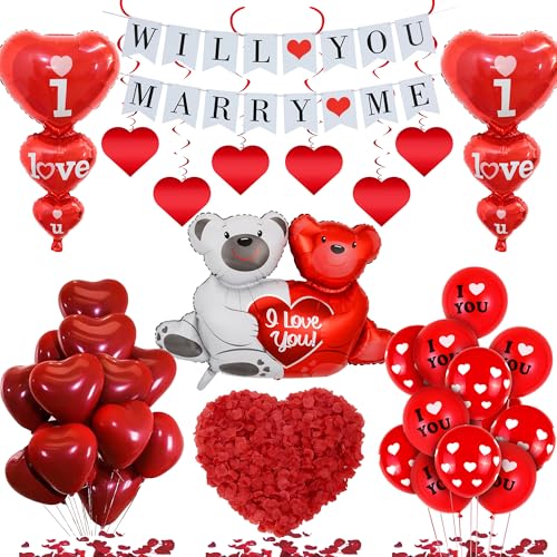 Will You Marry Me Decorations - 534pcs Romantic Proposal Decoration Including Banner I Love You Printed Foil Balloon Red Heart Balloons Artificial Rose Petals For ValentineS Day Supplies