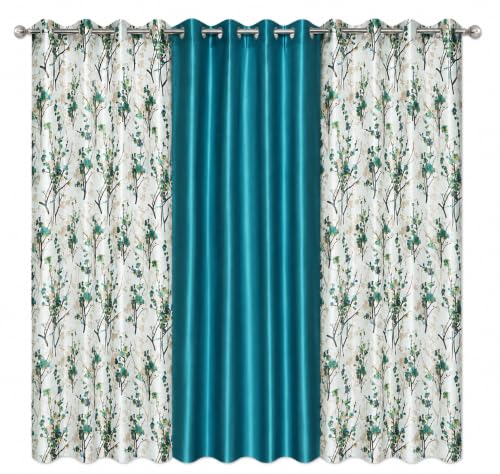 Image of 5 Feet Polyester Floral Light Filtering Window Curtains for Living Room, Bedroom & Kitchen, Eyelet Top, Aqua Printed and Solid Plain Curtain Set of 3