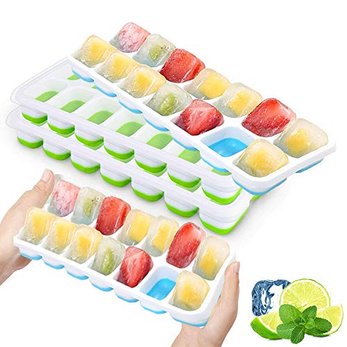 CLEYCYE Eiswürfelform Silikon, 4 Stück Eiswürfelbehälter Mit Deckel Ice Cube Tray, LFGB Zertifiziert BPA Frei, Multifunktionale Stapelbar Eiswürfelschalen Eiswürfel Silikon Babynahrung, 14-Fach Cover