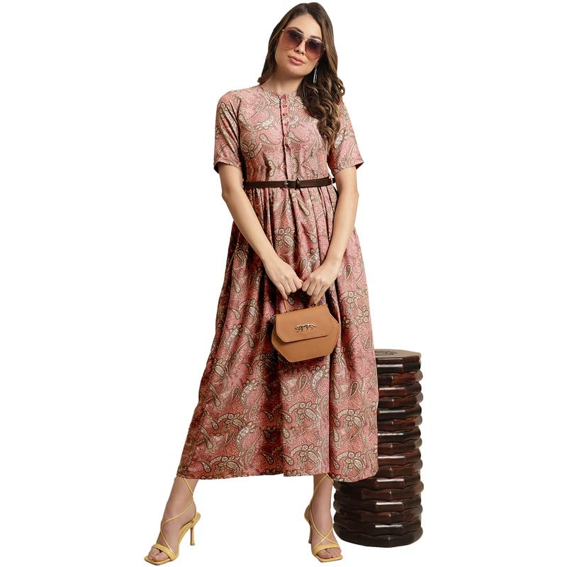 Preneum Girls's Georgette Floral Printed 3/4 Slevees A-Line Fit & Flare Gown With Belt, Pink, L