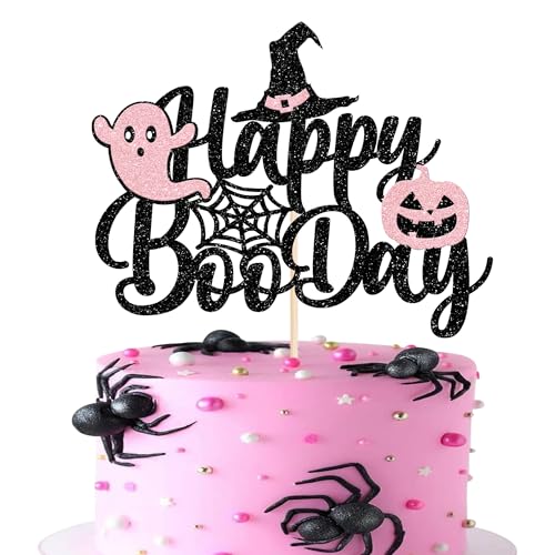 Xsstarmi 1 Pack Happy Boo Day Cake Topper Glitter Black Spider Web Ghost Pumpkin Cake Pick Decoration for Wizard Halloween Baby Shower Birthday Party Cake Decorations Supplies