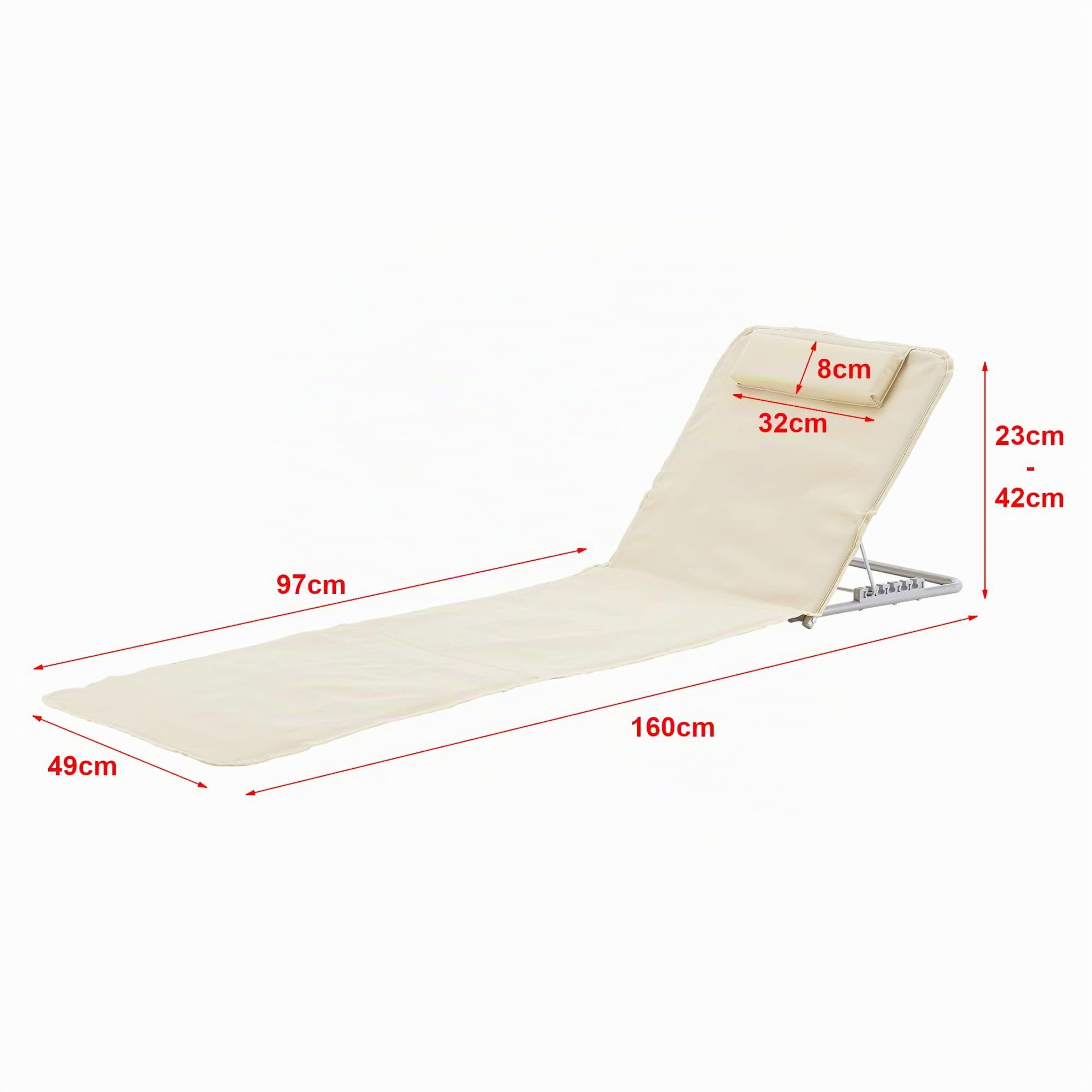 [en.casa] Set 2 Materassini Prendisole Pieghevoli Schienale Reclinabile 5 Posizioni Poggiatesta Tasca Posteriore Lettini per Spiaggia Giardino Campeggio con Borsa Trasporto - Beige
