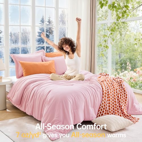 Image of MUXHOMO Pink Oversized King Comforter Sets, All Season Ultra Soft Down Alternative Bedding - 3 Piece Lightweight Bed Set Includes 1 Comforter (120 inchx98 inch) and 2 Pillow Shams (20 inchx36 inch)