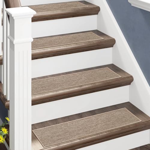 Artnice 4 PCS Stair Carpet Treads Non Slip for Wooden Steps Indoor 8 x 30, Stair Tread Carpet Stairs Runner, Thicken Linen Surface Step Pads with Self-Adhesive and Washable Backing, Khaki