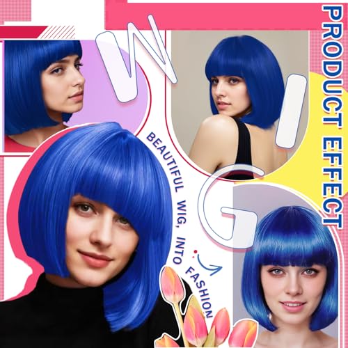 Image of LIULIUBTY Short Bob Hair Wigs Straight with Flat Bangs Synthetic Colorful Cosplay Daily Party Neon Wig for Women with Wig Cap 12 inch Natural As Real (Bob, Sapphire Blue)