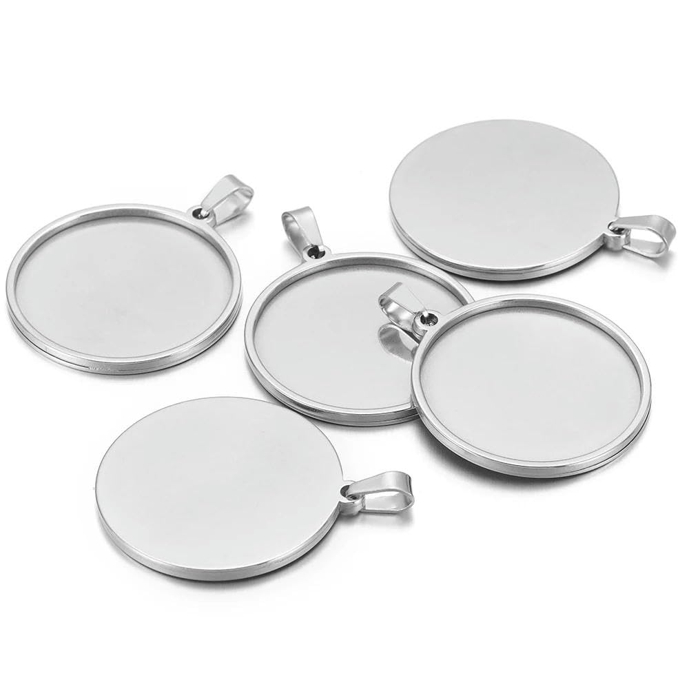 Genpicong Steel Color 5Pc Stainless Steel 10/15/16/18/20/30/35/40Mm Round Blank Bases Cabochon Cameo Base Tray Bezel For Pendant Diy Jewelry Making