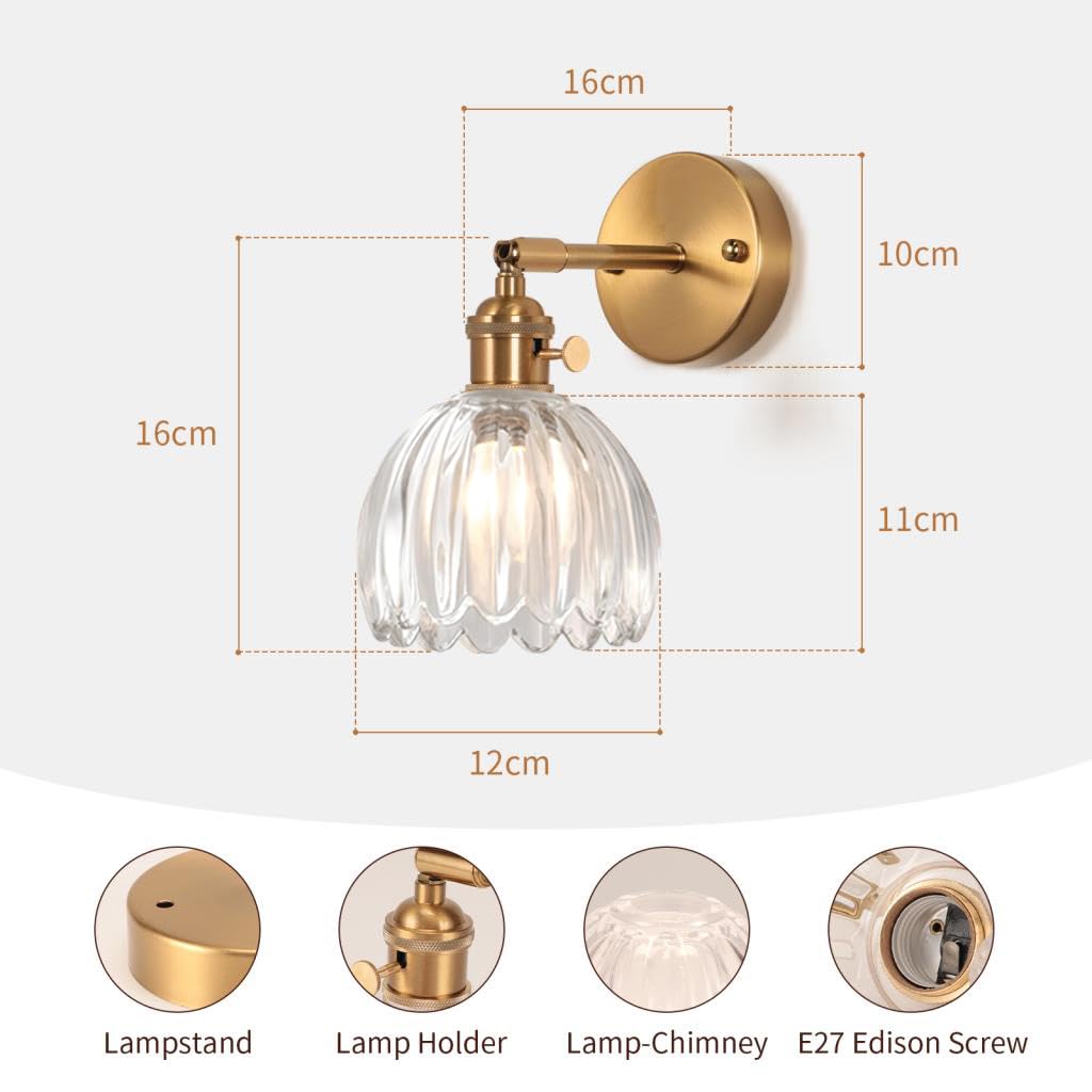 Applique Murale Vintage Fleur Laiton Doré Verre Interrupteur E27 Lampe Murale Salle de Bain