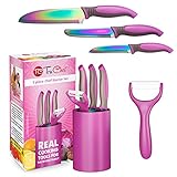TruChef KIDS Knife Set For Cooking (5 Piece) in Pink – Includes REAL Kids Chef Knife, Paring Knife, Peeler, Scissors and Universal Holder – Best Kids Gift