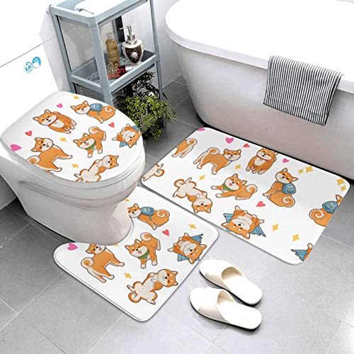 Cute Shiba Inu Dog Print Rug Mats Pads Badematte Badteppich Set 3 Stück + Konturteppich + Toilettendeckelbezug – Bild 3