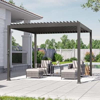 SANLUCE Patio Louvered Pergola, 10x10 Ft Outdoor Metal Pergolas with Adjustable Roof and Integrated Drainage System, Easy Assembly Outdoor Pergola for Patio, Garden, Deck, Backyard(Grey)