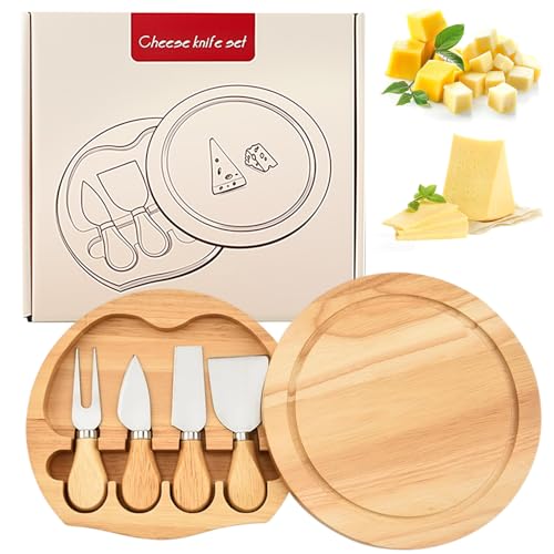 Gykutix Drehbare Käsebrett mit 4 Teiliges Käsemesser Set, Charcuterie Board mit Käsemesser Kollektion aus Edelstahl mit Teakholzgriffen für Wein,...
