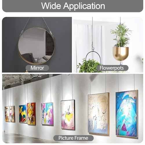 Image of Adjustable Picture Hanging Wire, Upgrade Mirror Frame Hanging Kit, 6.6FT Heavy Duty Stainless Steel Wire Rope, Supports Up to 100lbs (Silver, 4PC-6.6FT)