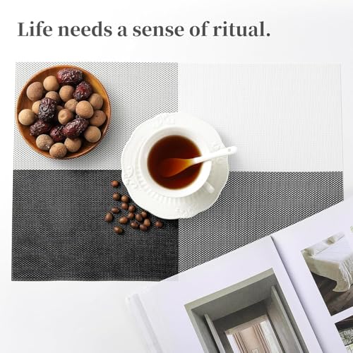 Image of OXSAM Placemats, Heat Insulation Non-Slip Vinyl mats, Stain-Resistant Tablemats for Home and cafe Dining Table Decor (Black & White, Pack of 6)