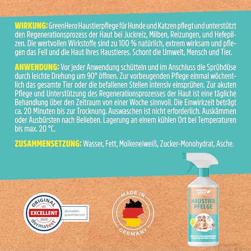 Green Hero Mittel gegen Juckreiz bei Milben 500 ml für Hunde & Katzen | Haustierpflege Spray unterstützt den Regenerationsprozess bei Grasmilben Milben Räude Reizungen Läusen Anti Juckreiz