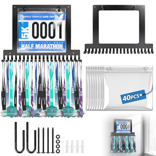 KAZLIE Race bib and Medal Display Holds up to 50 Medals 40 Race BibsMedal Hanger and Bib Marathon Medal Display Stand Provides Luxurious Gifts for Runners and Athletes