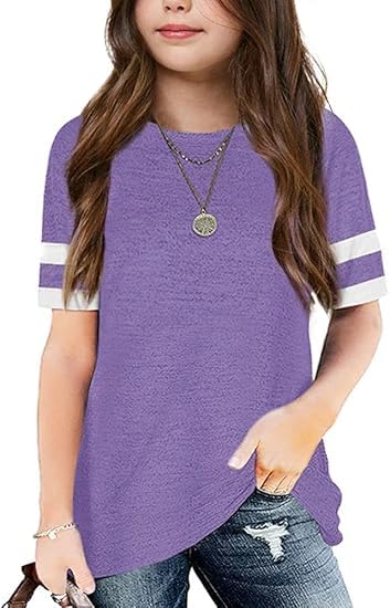 Haloumoning T-Shirt Mädchen Kurzarm Rundhals Tops Kinder Sommer Lose Streifen Shirt Casual Basic Sport Tees Oberteile 5-14 Jahre