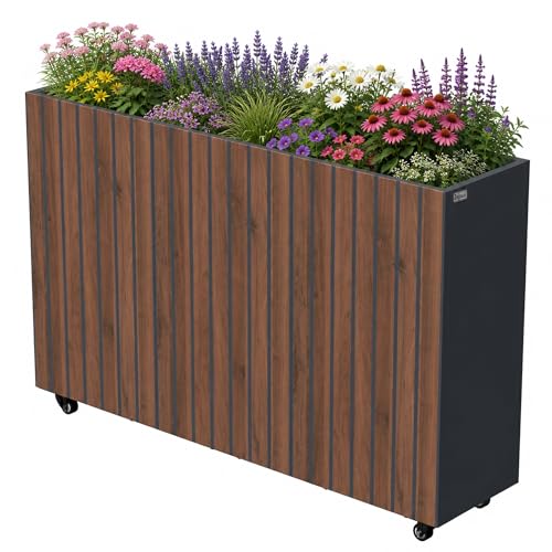 Zelsius Hochbeet verzinkter Stahl mit Rollen 120 x 30 x 80 cm | Anthrazit RAL 7016 Walnuss Holzoptik | Pflanzkübel, Blumenkasten, Pflanzbeet, Gemüsebeet, Kräuterbeet, Blumenkübel, Pflanzkasten